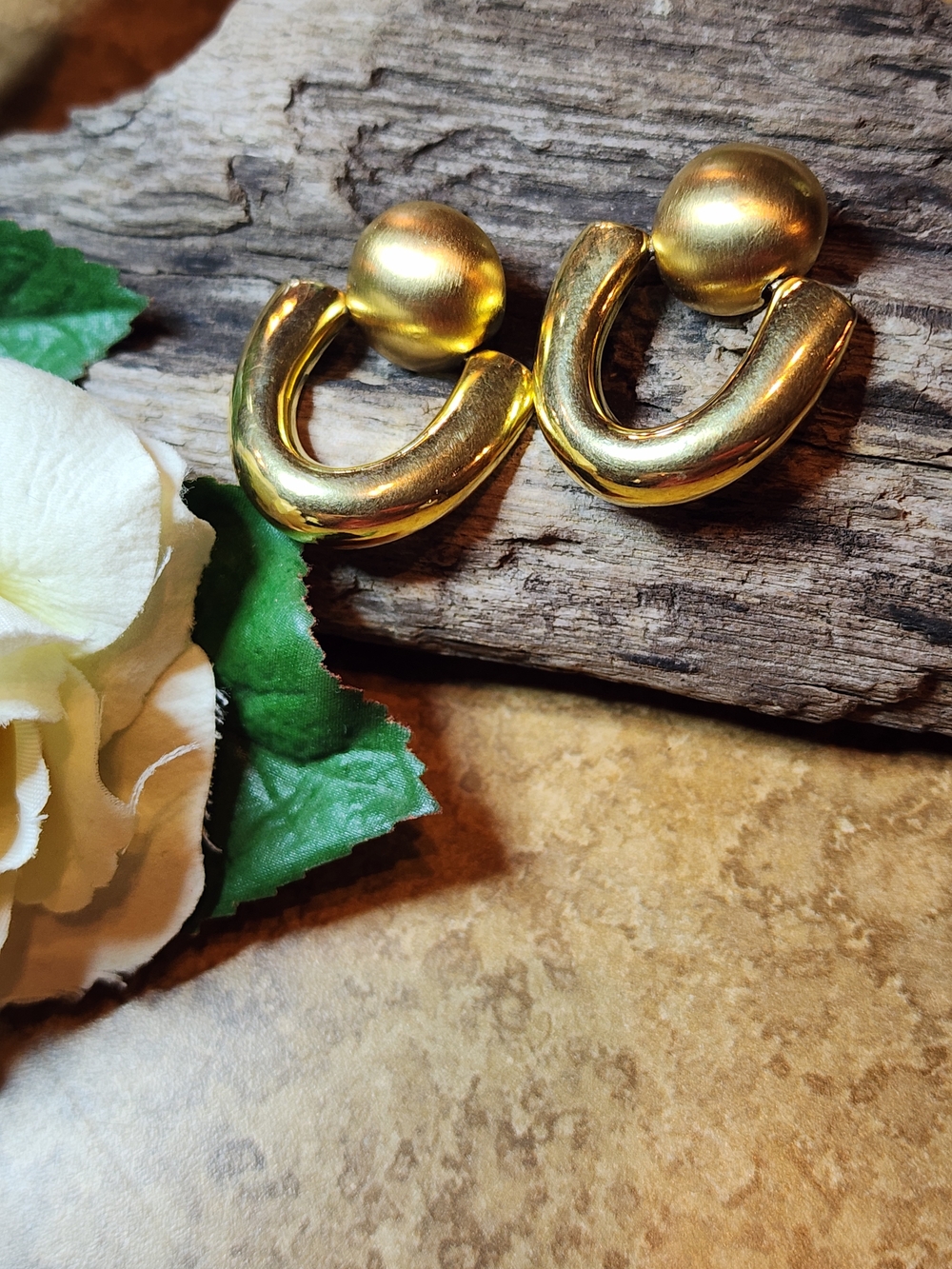 Signed Monet Gold-Tone U-Shaped Hoop Door Knocker Drop Pierced Earrings